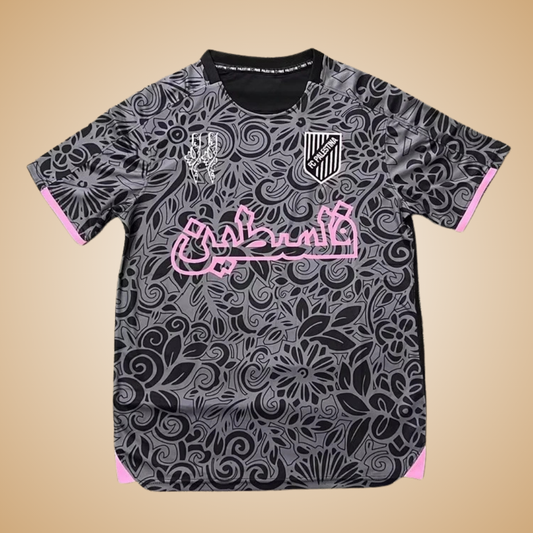Palestine Soccer/Football Jersey – Gray, Pink & Yellow Floral Arabesque | Pro Fit Jersey for Men & Women