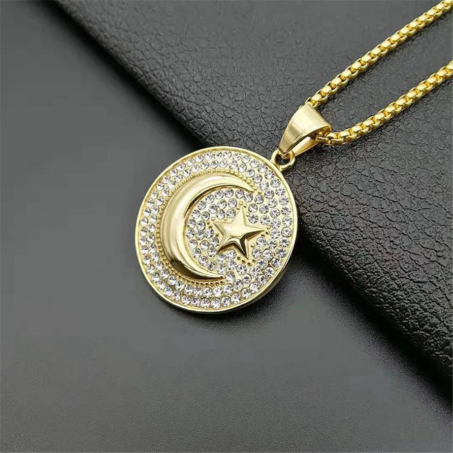 Muslim Crescent Moon and Star Pendant Stainless Steel Round Necklace Men & Women