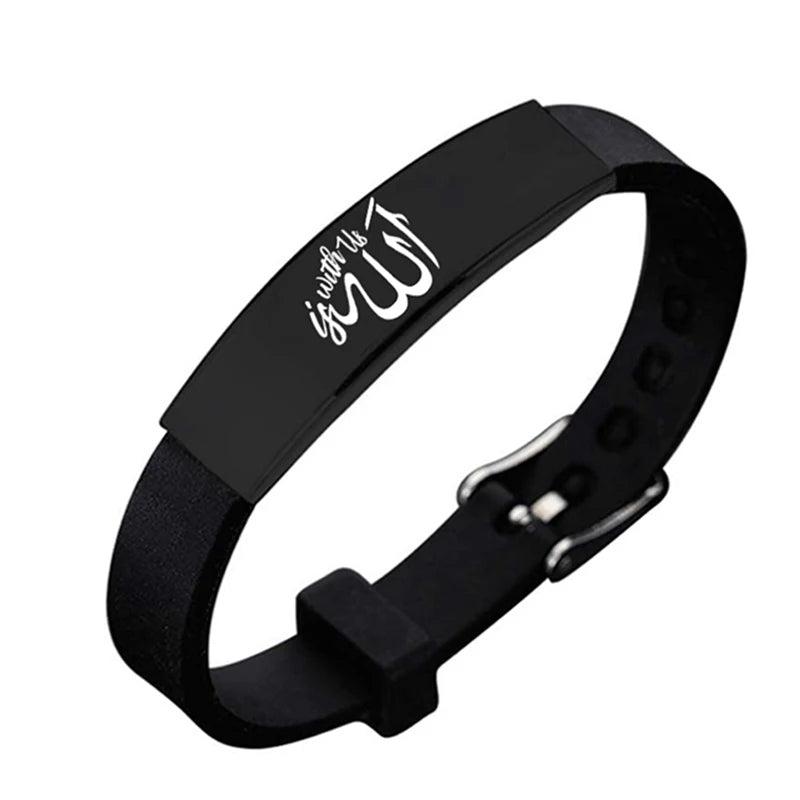 Muslim Allah Shahada Silicone Wristband Bangle Black Stainless Steel Adjustable Men Bracelet Islam Jewelry Accessories