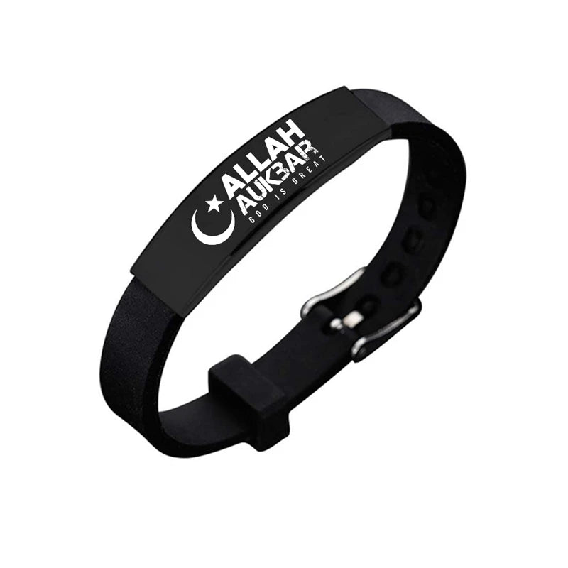 Muslim Allah Shahada Silicone Wristband Bangle Black Stainless Steel Adjustable Men Bracelet Islam Jewelry Accessories