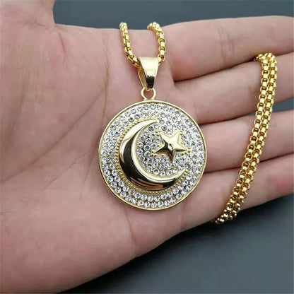 Muslim Crescent Moon and Star Pendant Stainless Steel Round Necklace Men & Women