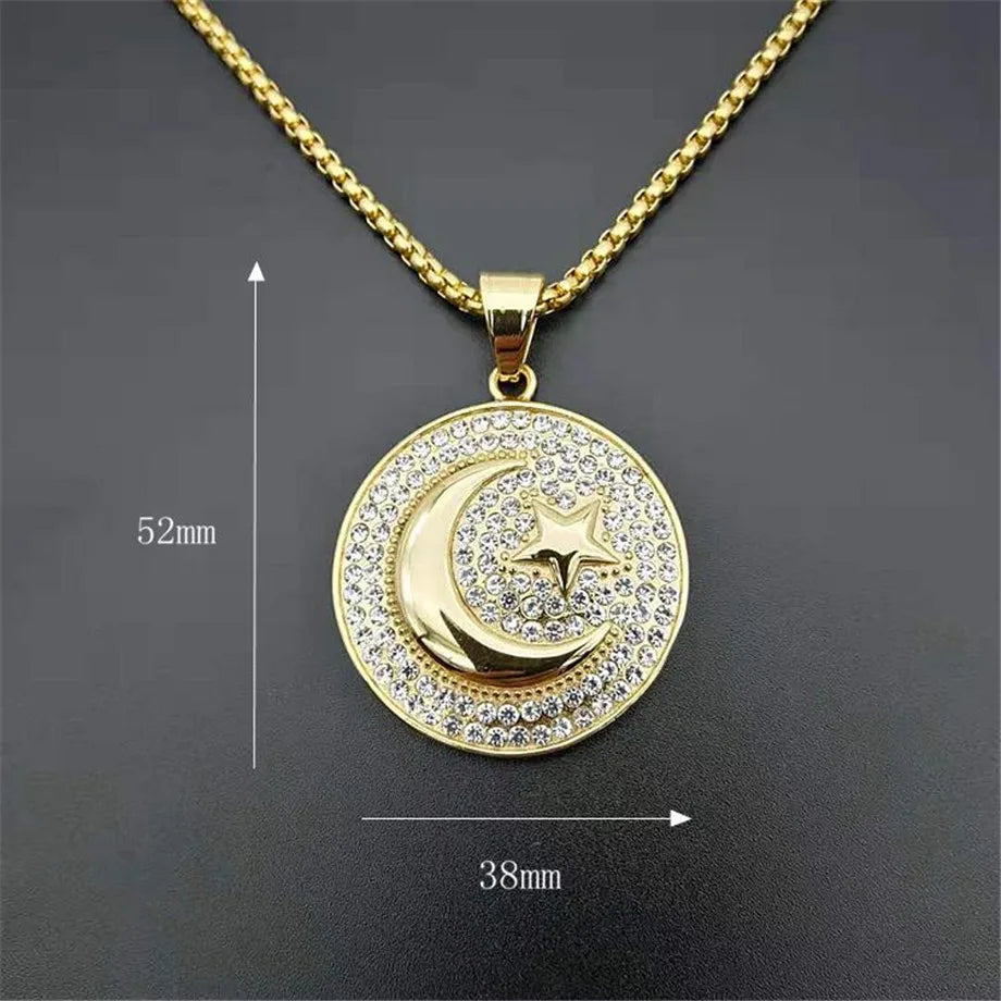 Muslim Crescent Moon and Star Pendant Stainless Steel Round Necklace Men & Women