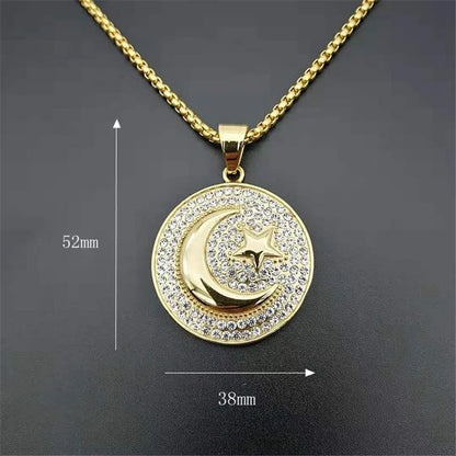 Muslim Crescent Moon and Star Pendant Stainless Steel Round Necklace Men & Women