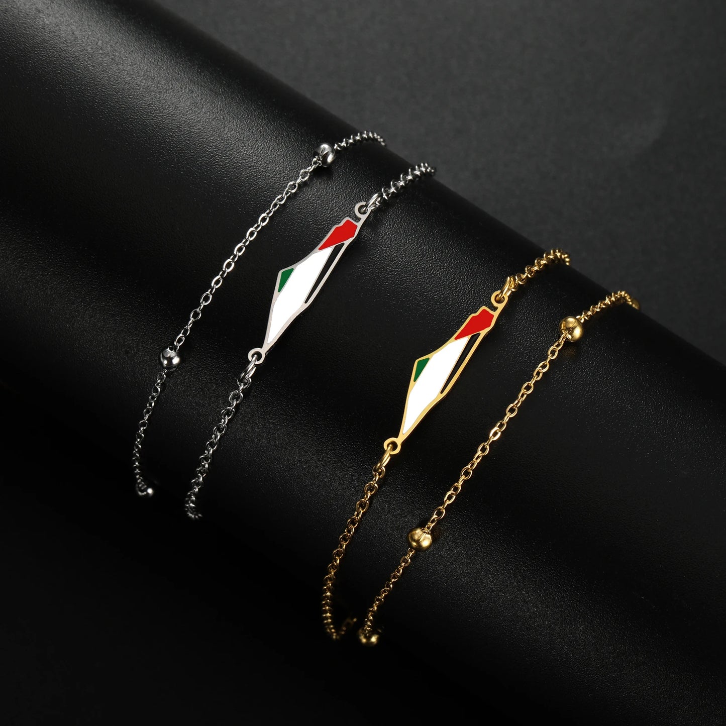 Delicate Palestine Map Bracelet – Gold & Silver Beaded Chain with Enamel Flag Charm, Elegant Support Jewelry for Women & Men
