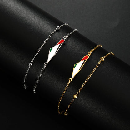 Delicate Palestine Map Bracelet – Gold & Silver Beaded Chain with Enamel Flag Charm, Elegant Support Jewelry for Women & Men