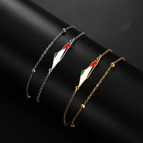 Delicate Palestine Map Bracelet – Gold & Silver Beaded Chain with Enamel Flag Charm, Elegant Support Jewelry for Women & Men