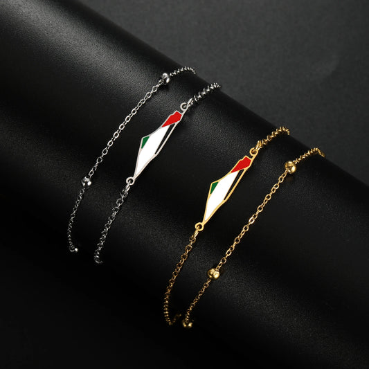 Delicate Palestine Map Bracelet – Gold & Silver Beaded Chain with Enamel Flag Charm, Elegant Support Jewelry for Women & Men