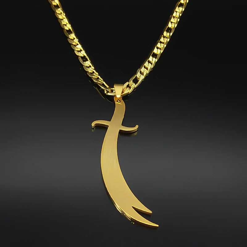 Islamic Imam Ali Zulfiqar Sword Pendant Necklace for Women Men Stainless Steel Gold Color Arabic Religion Chain Jewelry NZZZ764