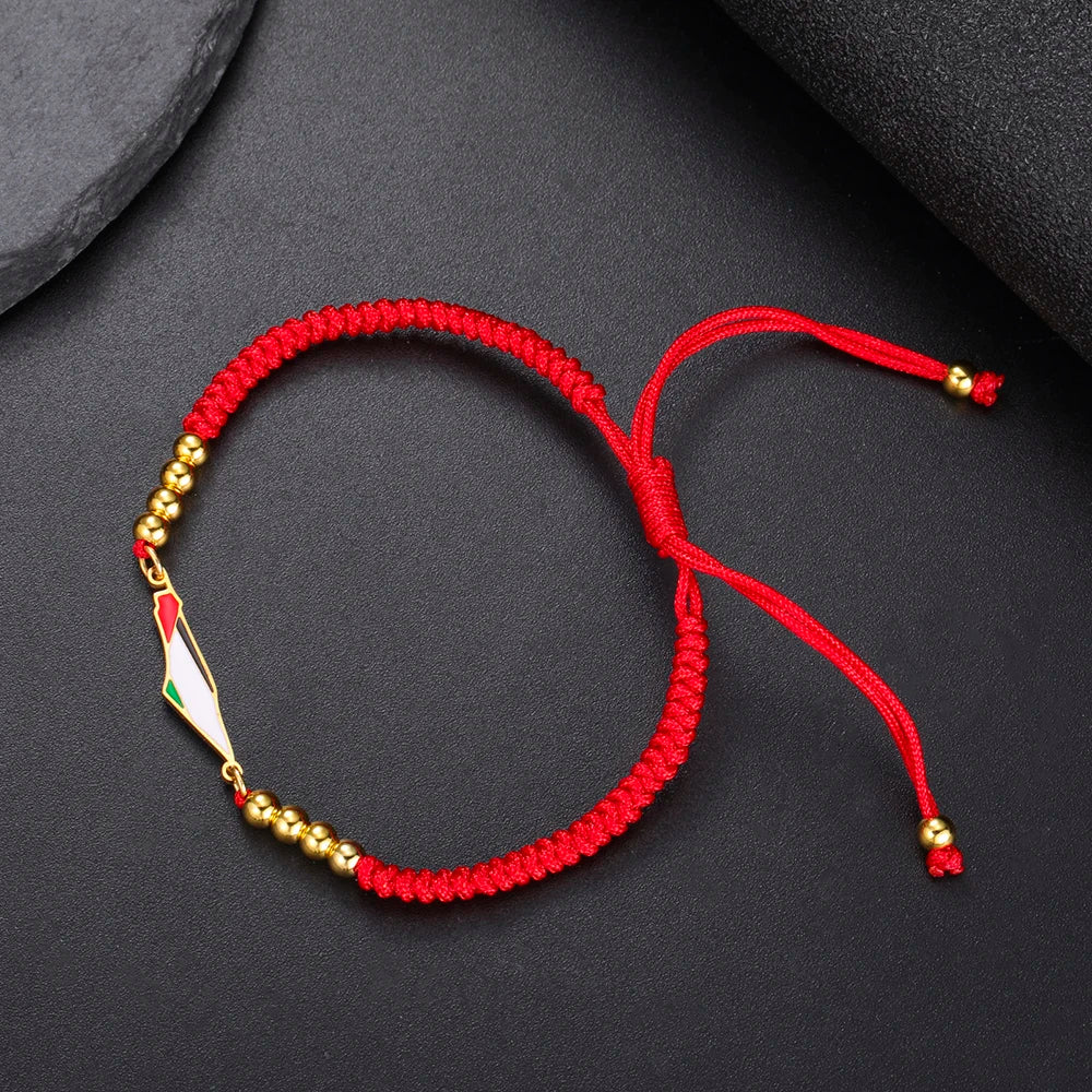 Palestine Flag Bracelet – Adjustable Woven Cord with Gold Beads, Red Black Purple Friendship Jewelry for Women & Men, Free Palestine