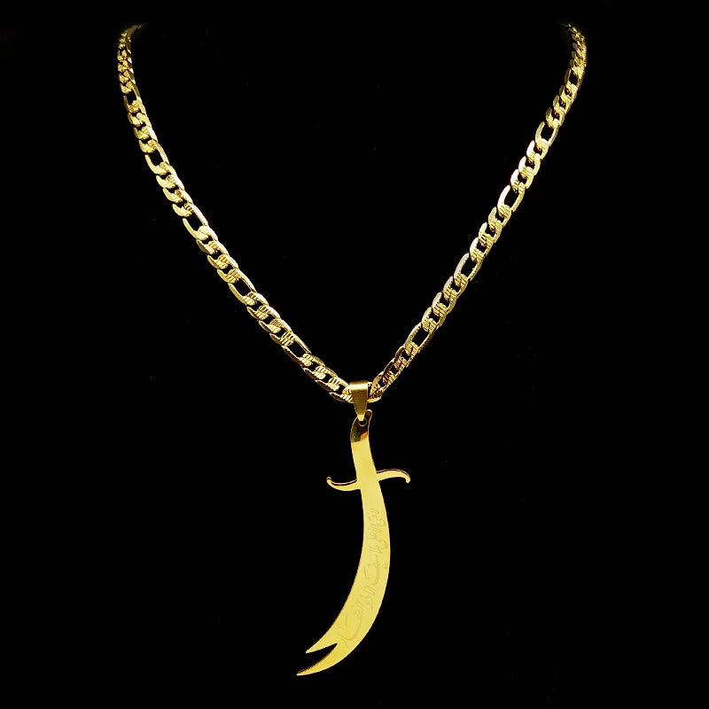 Islamic Imam Ali Zulfiqar Sword Pendant Necklace for Women Men Stainless Steel Gold Color Arabic Religion Chain Jewelry NZZZ764