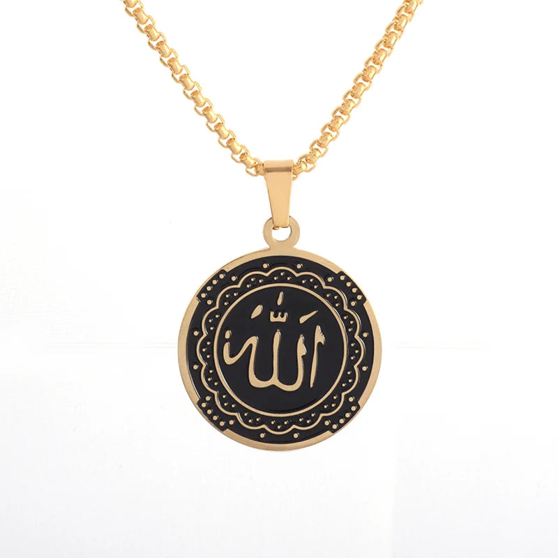 Allah Scripture Round Medal Pendant Stainless Steel Necklace Mens Islamic Jewelry Amulets Muslim Gifts