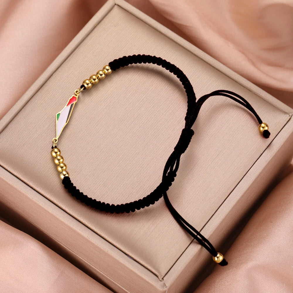 Palestine Flag Bracelet – Adjustable Woven Cord with Gold Beads, Red Black Purple Friendship Jewelry for Women & Men, Free Palestine