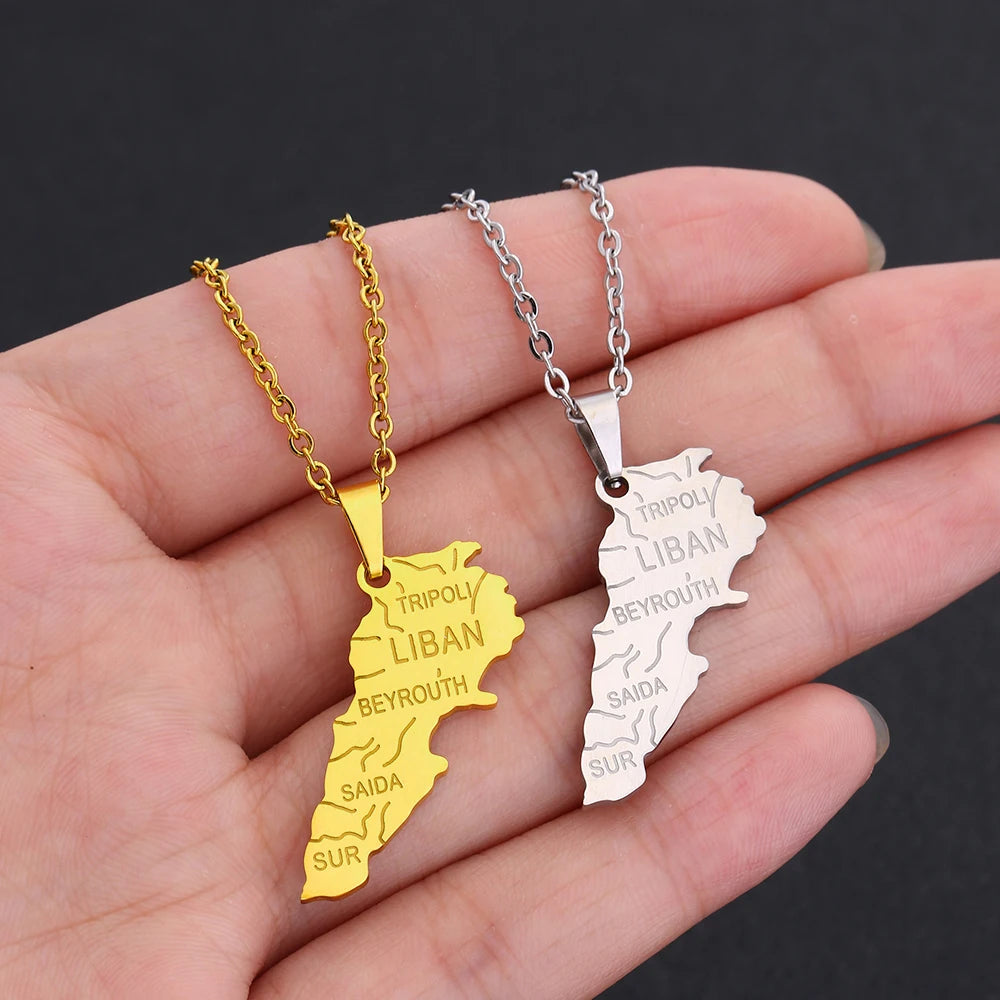 Fashionable Lebanon Map City Pendant Necklace Stainless Steel for Men & Women Gold Silver Color Country Map Jewelry Gift - Buy 1 Get 1 FREE