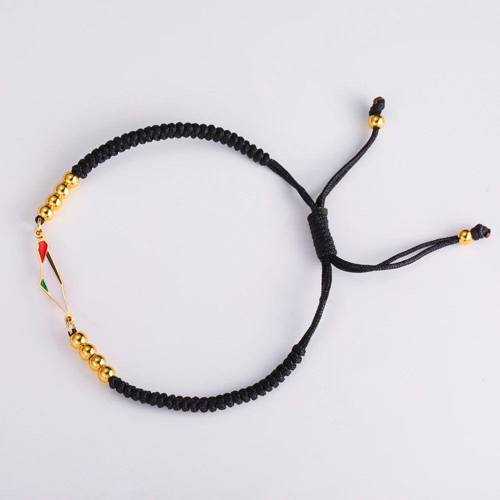 Palestine Flag Bracelet – Adjustable Woven Cord with Gold Beads, Red Black Purple Friendship Jewelry for Women & Men, Free Palestine