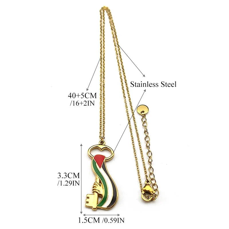 Arabic Palestine Map Flag Key Hand Pendant Necklace for Women Men Stainless Steel Enamel Gold Color Chain Jewelry collar Gift ﻿