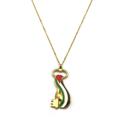 Arabic Palestine Map Flag Key Hand Pendant Necklace for Women Men Stainless Steel Enamel Gold Color Chain Jewelry collar Gift ﻿