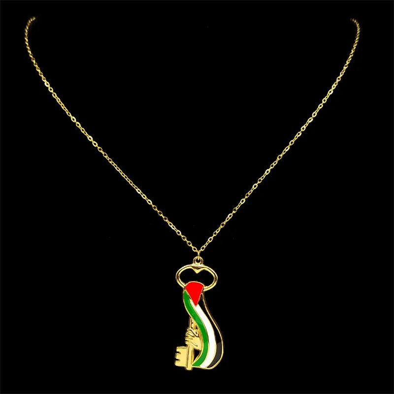 Arabic Palestine Map Flag Key Hand Pendant Necklace for Women Men Stainless Steel Enamel Gold Color Chain Jewelry collar Gift ﻿