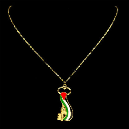 Arabic Palestine Map Flag Key Hand Pendant Necklace for Women Men Stainless Steel Enamel Gold Color Chain Jewelry collar Gift ﻿