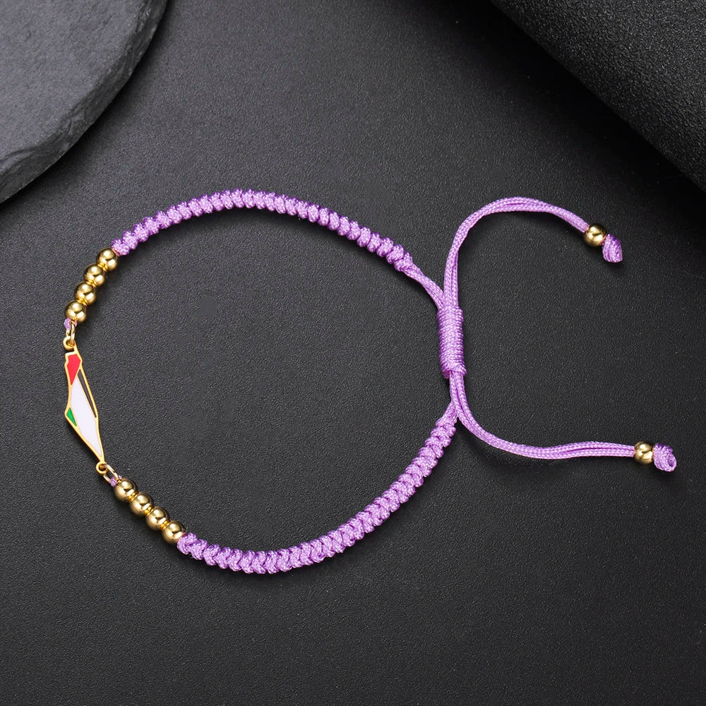 Palestine Flag Bracelet – Adjustable Woven Cord with Gold Beads, Red Black Purple Friendship Jewelry for Women & Men, Free Palestine