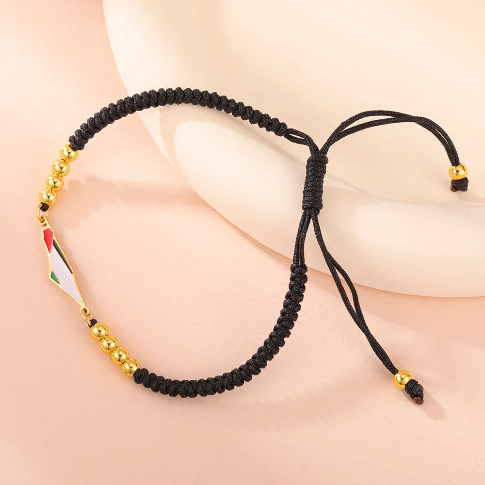 Palestine Flag Bracelet – Adjustable Woven Cord with Gold Beads, Red Black Purple Friendship Jewelry for Women & Men, Free Palestine