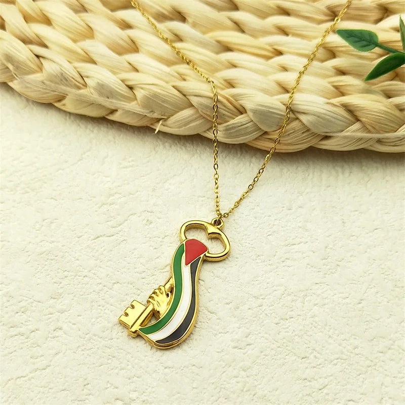 Arabic Palestine Map Flag Key Hand Pendant Necklace for Women Men Stainless Steel Enamel Gold Color Chain Jewelry collar Gift ﻿