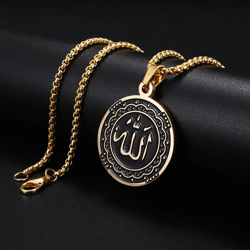 Allah Scripture Round Medal Pendant Stainless Steel Necklace Mens Islamic Jewelry Amulets Muslim Gifts