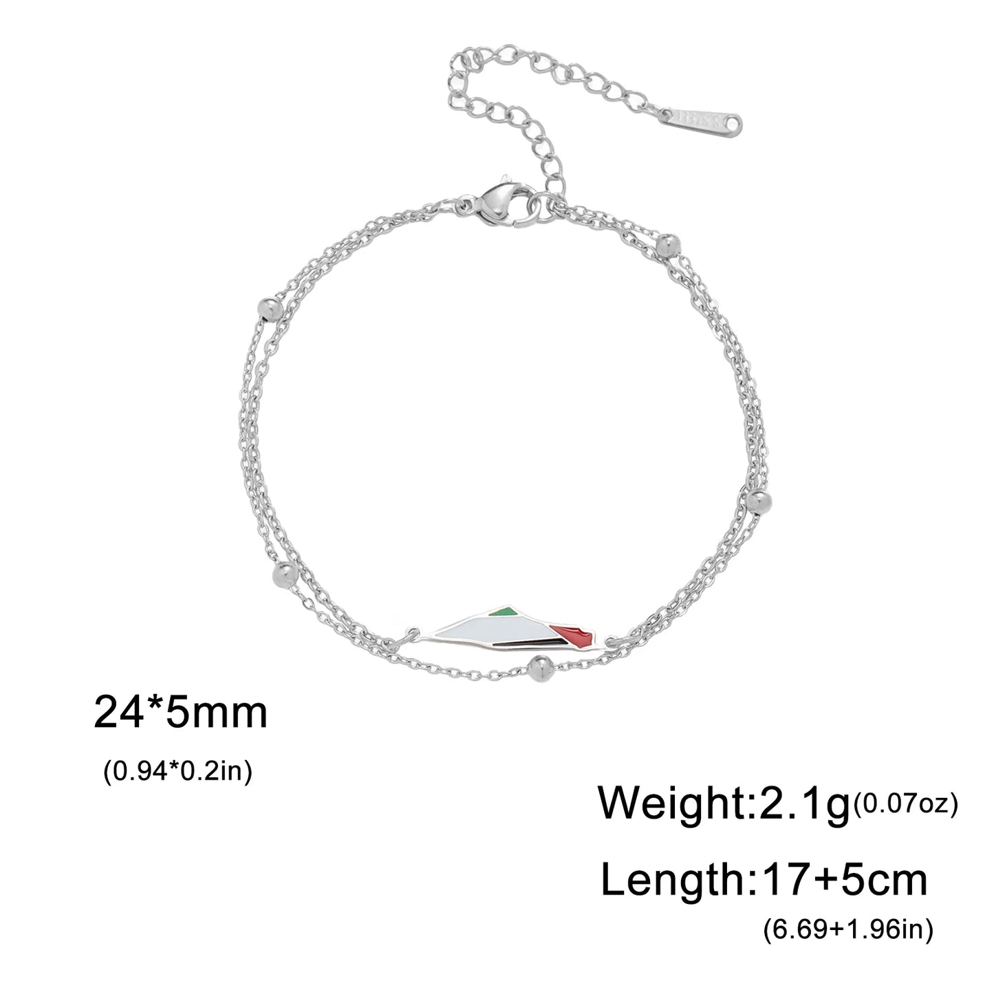 Delicate Palestine Map Bracelet – Gold & Silver Beaded Chain with Enamel Flag Charm, Elegant Support Jewelry for Women & Men