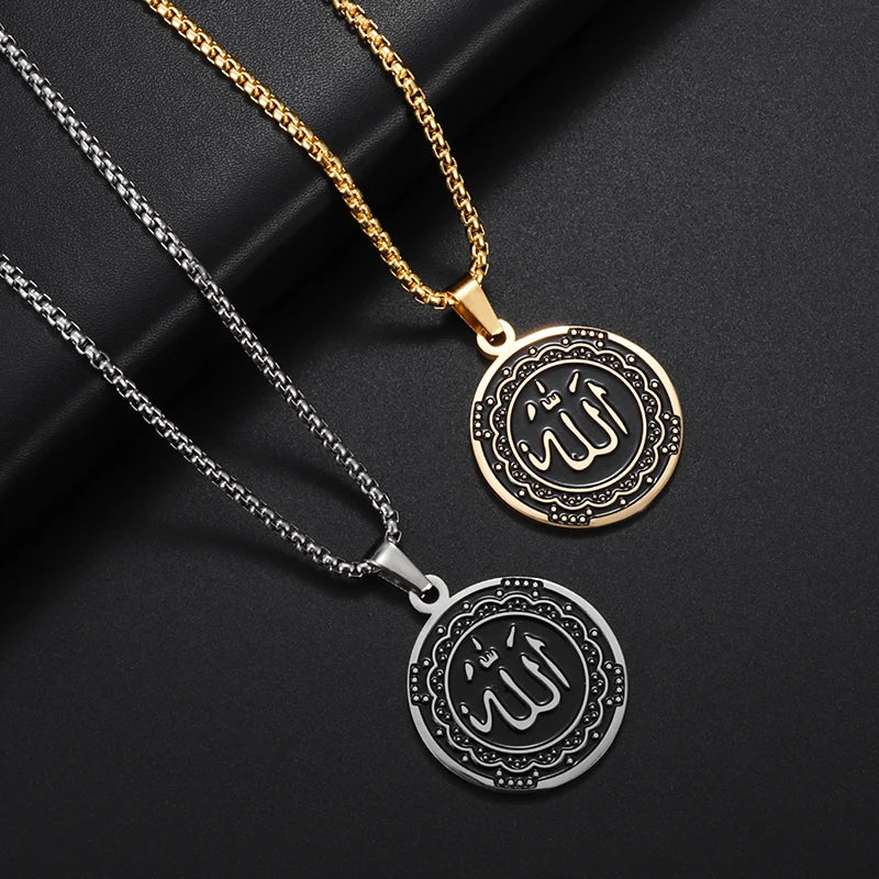 Allah Scripture Round Medal Pendant Stainless Steel Necklace Mens Islamic Jewelry Amulets Muslim Gifts