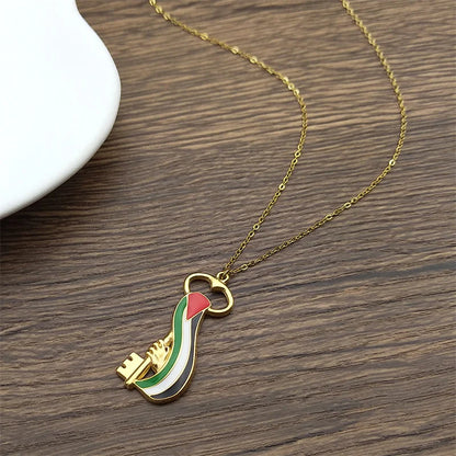 Arabic Palestine Map Flag Key Hand Pendant Necklace for Women Men Stainless Steel Enamel Gold Color Chain Jewelry collar Gift ﻿