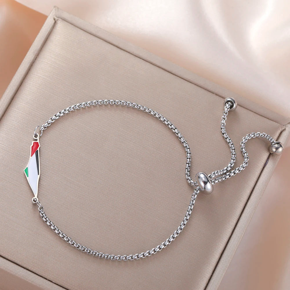 Palestine Map Bracelet – Gold & Silver Chain with Enamel Flag Charm, Adjustable Support Jewelry for Women & Men, Free Palestine Jewelry