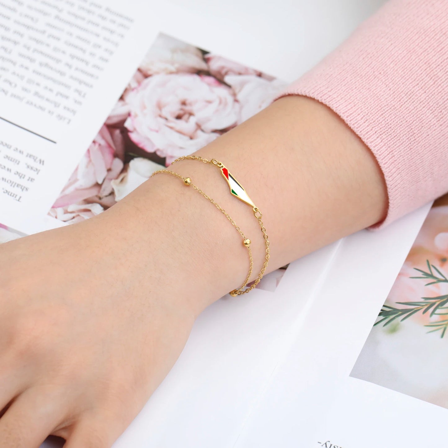 Delicate Palestine Map Bracelet – Gold & Silver Beaded Chain with Enamel Flag Charm, Elegant Support Jewelry for Women & Men