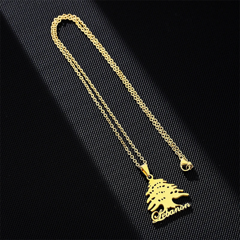 Lebanon Map Cedar Tree Flag Pendant Necklace Gold & Silver for Men & Women - Buy 1 Get 1 FREE