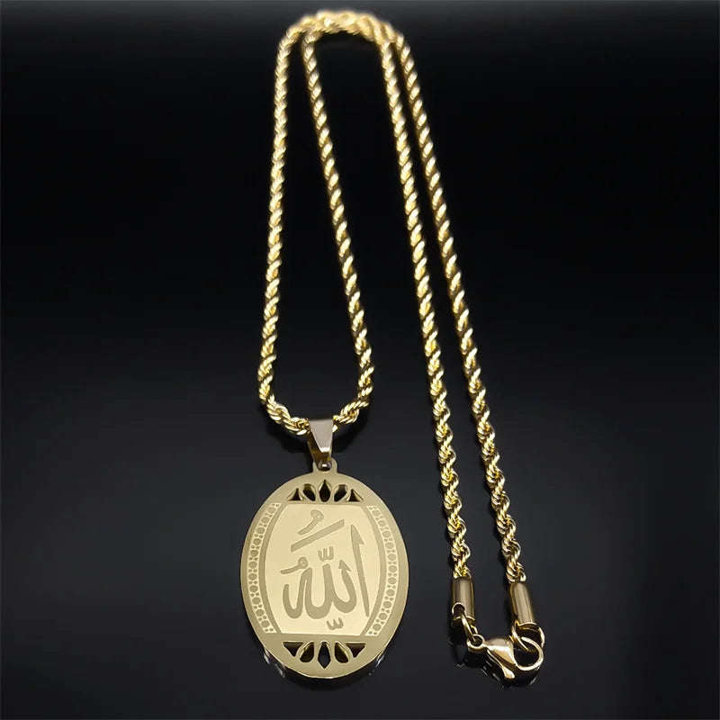 Muslim Islamic Quran Allah Stainless Steel Necklace Chain for Men Women Gold Color Arabic Islam Jewelry collier homme N1208