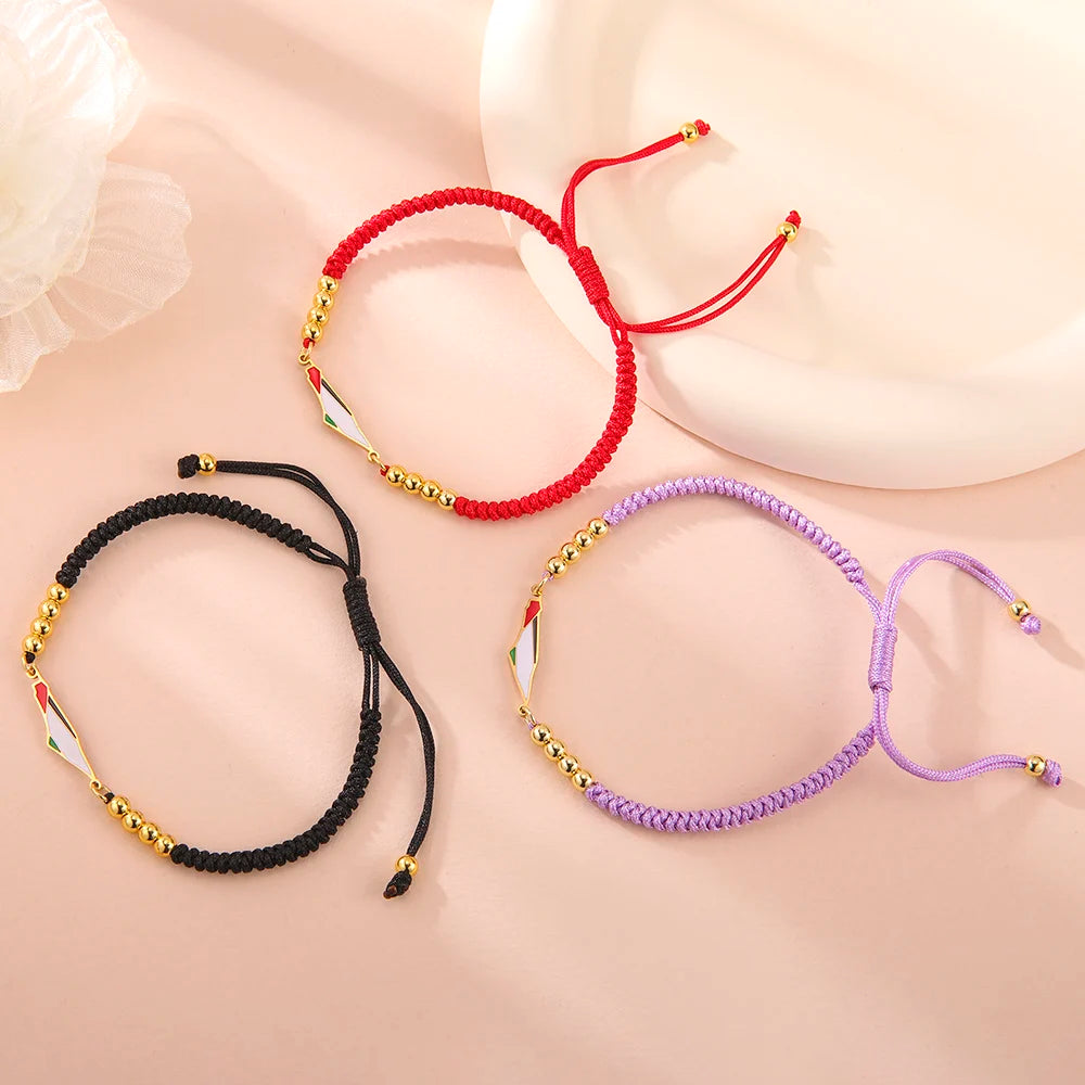 Palestine Flag Bracelet – Adjustable Woven Cord with Gold Beads, Red Black Purple Friendship Jewelry for Women & Men, Free Palestine