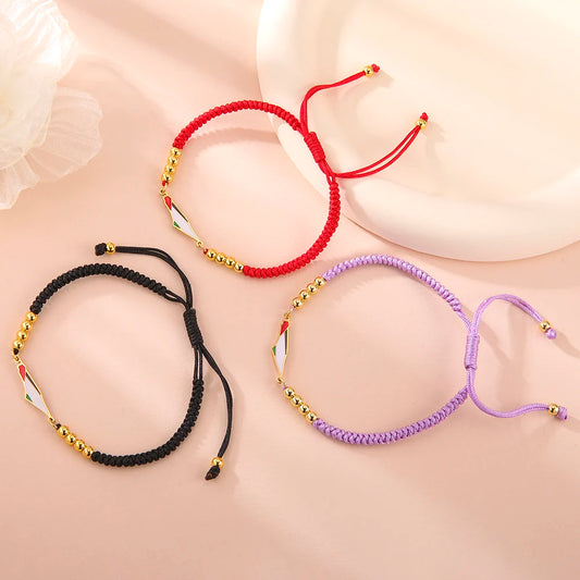 Palestine Flag Bracelet – Adjustable Woven Cord with Gold Beads, Red Black Purple Friendship Jewelry for Women & Men, Free Palestine