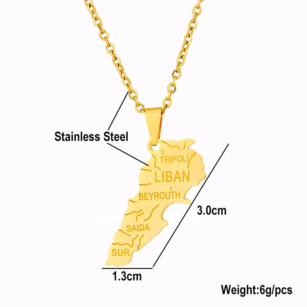 Fashionable Lebanon Map City Pendant Necklace Stainless Steel for Men & Women Gold Silver Color Country Map Jewelry Gift - Buy 1 Get 1 FREE