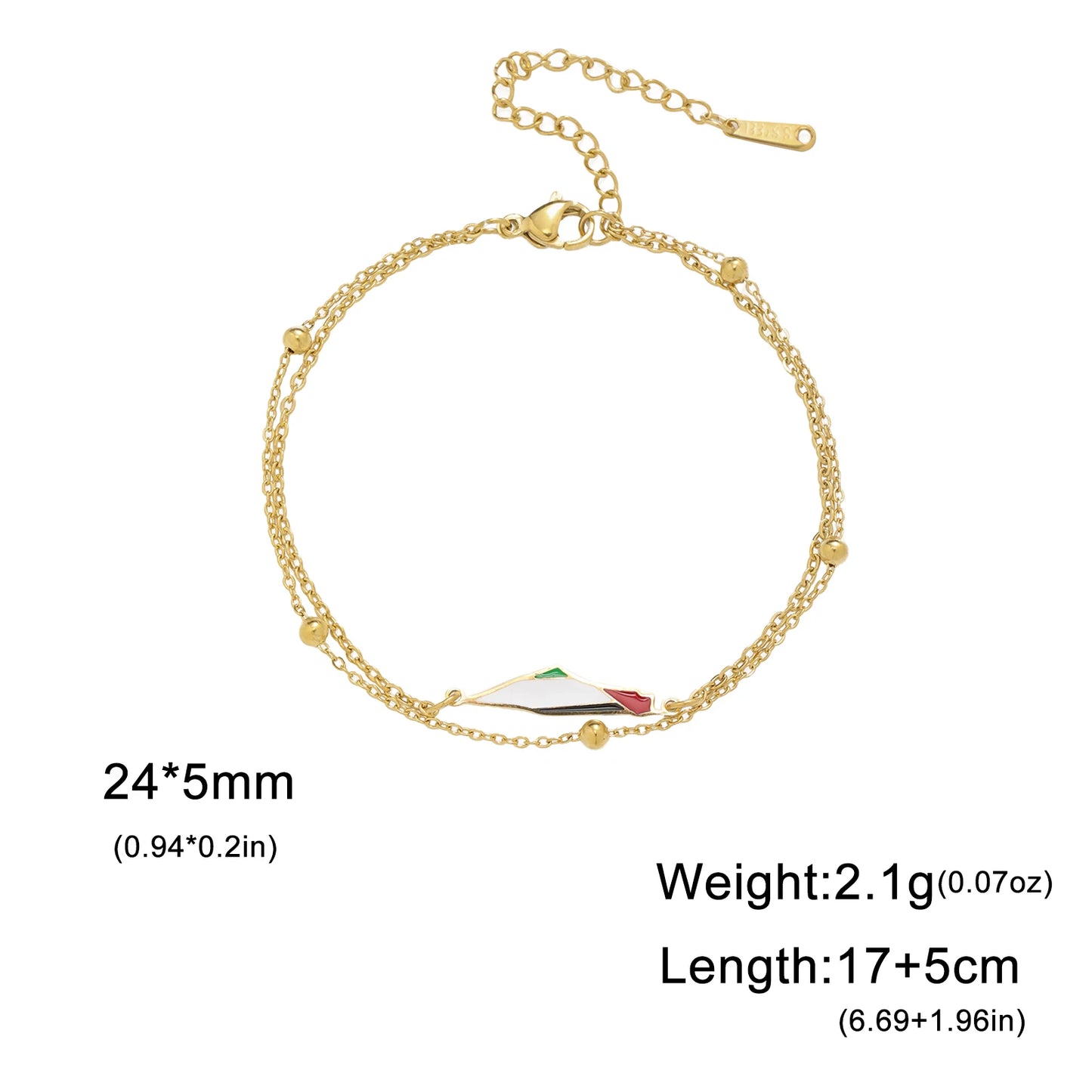 Delicate Palestine Map Bracelet – Gold & Silver Beaded Chain with Enamel Flag Charm, Elegant Support Jewelry for Women & Men
